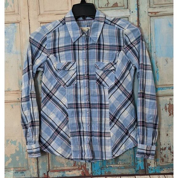 Style & Co. Womens XS Blue White Plaid Pearl Snap Roll Tab Sleeves Western Shirt - Picture 1 of 7